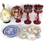 Mixed ceramics and glass to include a pair of Victorian single red lustres with enamelled