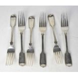 A set of six Victorian hallmarked silver Fiddle pattern table forks with reeded borders, London