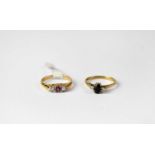 Two 9ct gold rings, one set with ruby and a pair of diamonds, stamped 375, size L1/2, the other