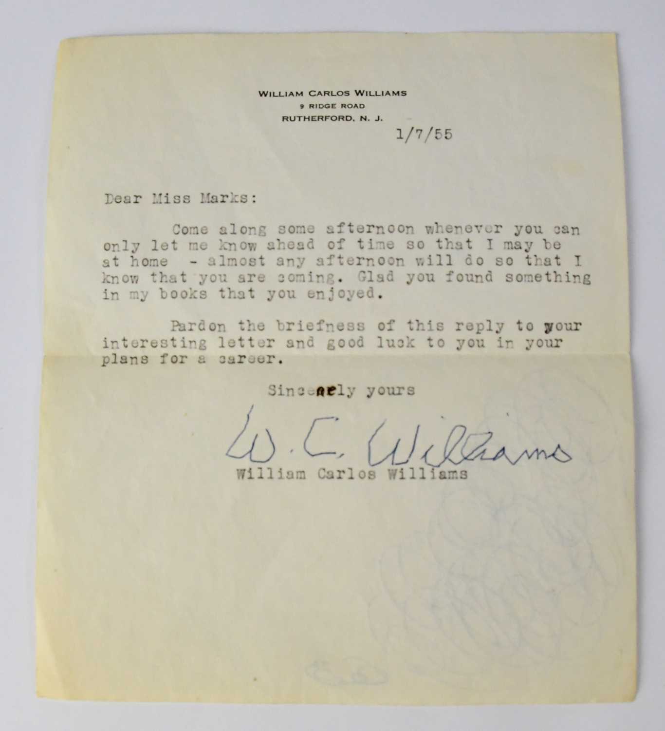 WILLIAM CARLOS WILLIAMS; a typed note dated 1st July '55 to Miss Marks, and signed 'Sincerely