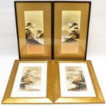 Four Japanese prints comprising two early 19th century prints depicting Mount Fuji with gilt-