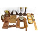 Various vintage wooden items to include a pair of twist candlesticks with brass cups, height 26cm,