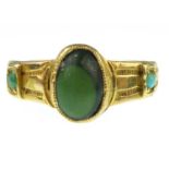 A late 19th/early 20th century 15ct gold turquoise and bezel set green stone ring, size K, approx.