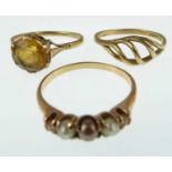 Three 9ct gold rings, one set with five graduated cultured pearls, size M, one set with single