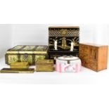 Various boxes and jewellery boxes to include a modern black lacquered Oriental jewellery chest