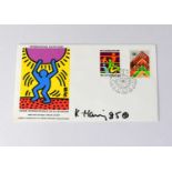 KEITH HARING; a first day cover bearing the artist's signature and dated '85.Condition Report: We