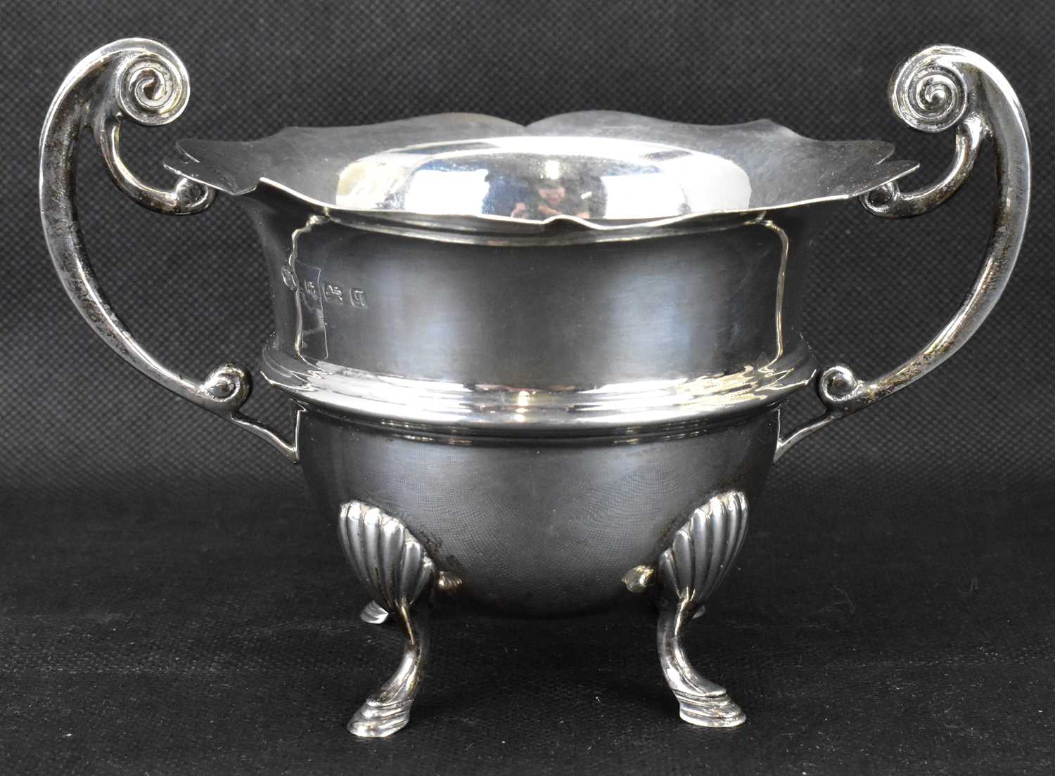 A George V hallmarked silver three-piece tea service with ebony-style handle and circular knop, - Image 7 of 8