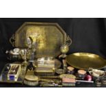 Miscellaneous metalware to include a large brass Chinese dish, 6 x 38cm, a three-piece silver plated