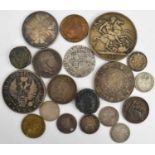 Mixed silver and other coins to include a Victorian silver crown 1900, silver three penny bits,