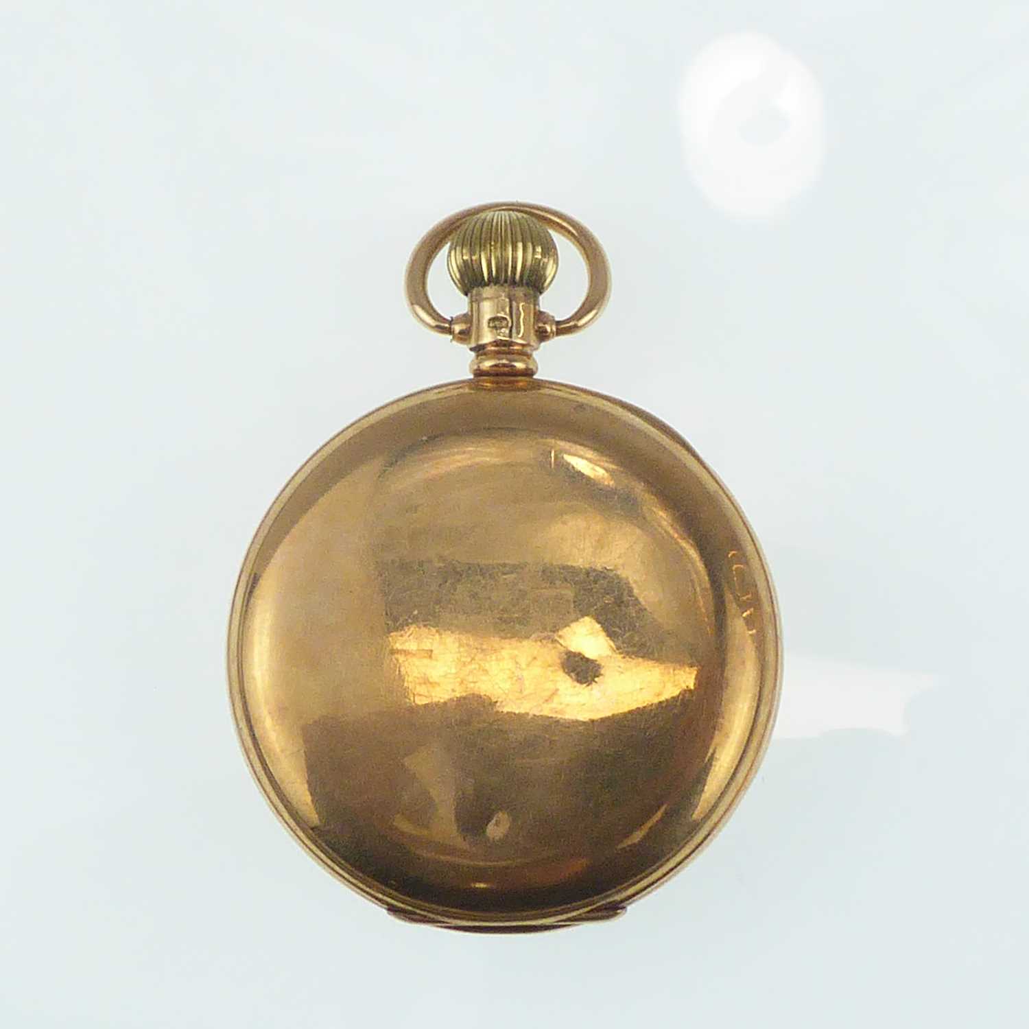 WALTHAM USA; a 9ct gold cased open face pocket watch, the white enamelled dial set with Roman - Image 3 of 3