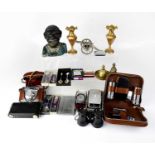 A collectors' lot to include a Canon camera, Islamic brass vases, opera glasses, money box,