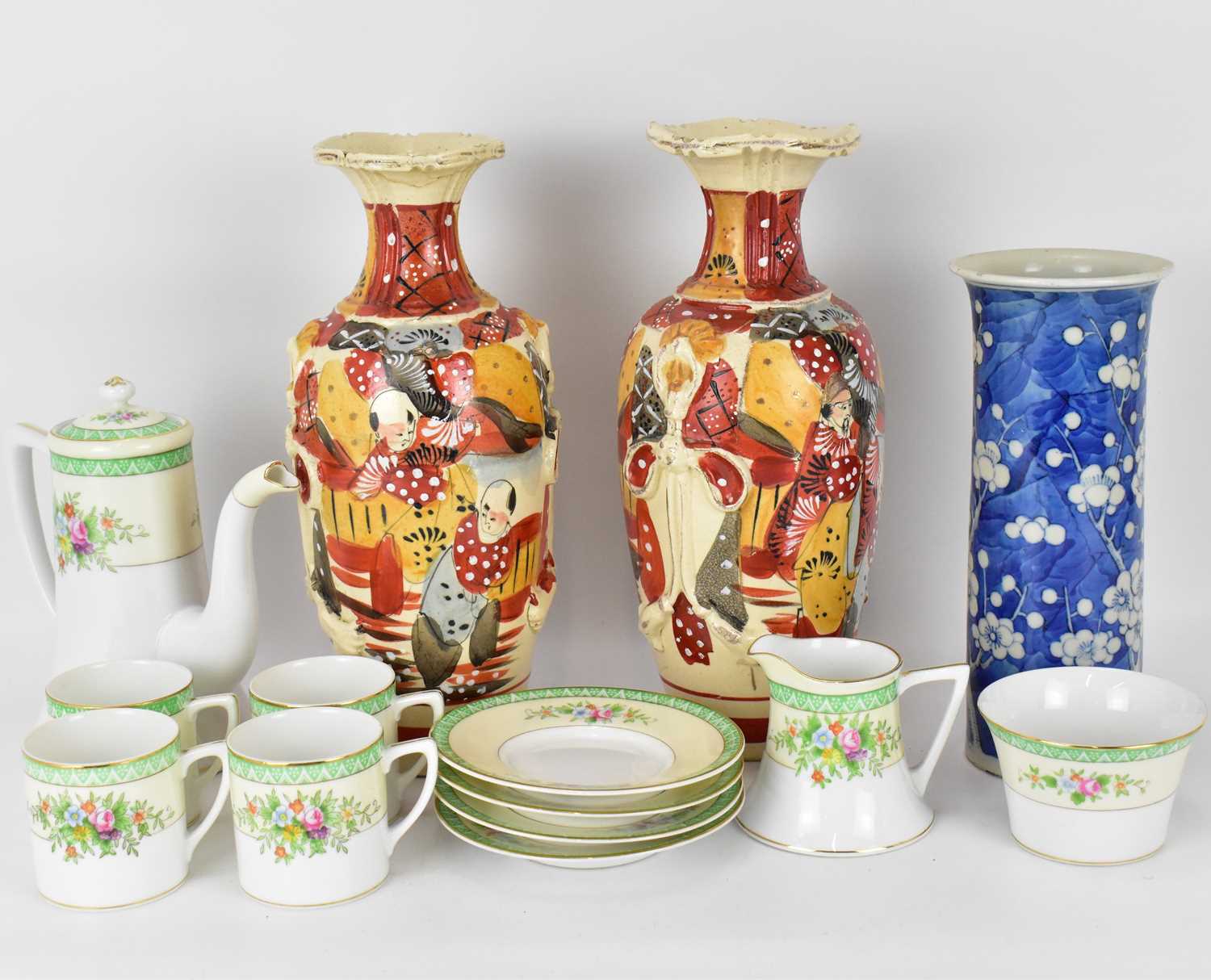 Oriental ceramics to include a Chinese cylindrical vase with flared rim, decorated with apple