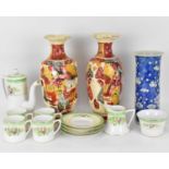 Oriental ceramics to include a Chinese cylindrical vase with flared rim, decorated with apple