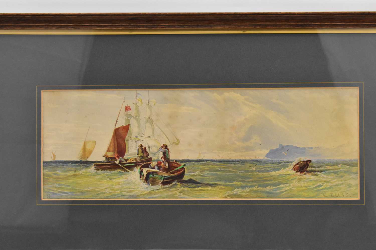 E. ELLIS (British, late 19th century); watercolour, fishing boats on choppy waters, signed lower - Image 2 of 3