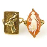 Two gold rings, one a cameo example of lozenge shape on yellow gold shank, size L, the other with