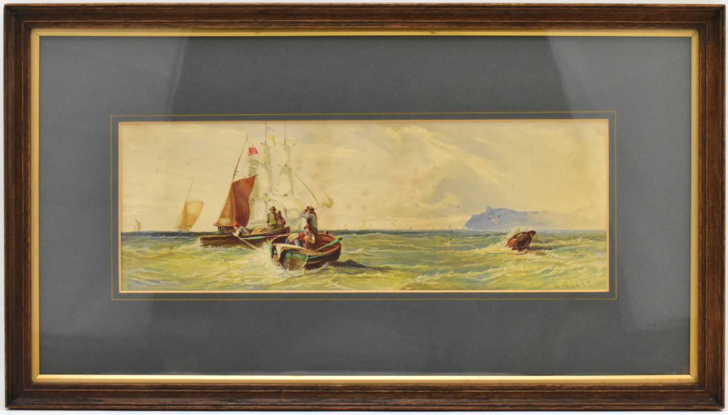 E. ELLIS (British, late 19th century); watercolour, fishing boats on choppy waters, signed lower