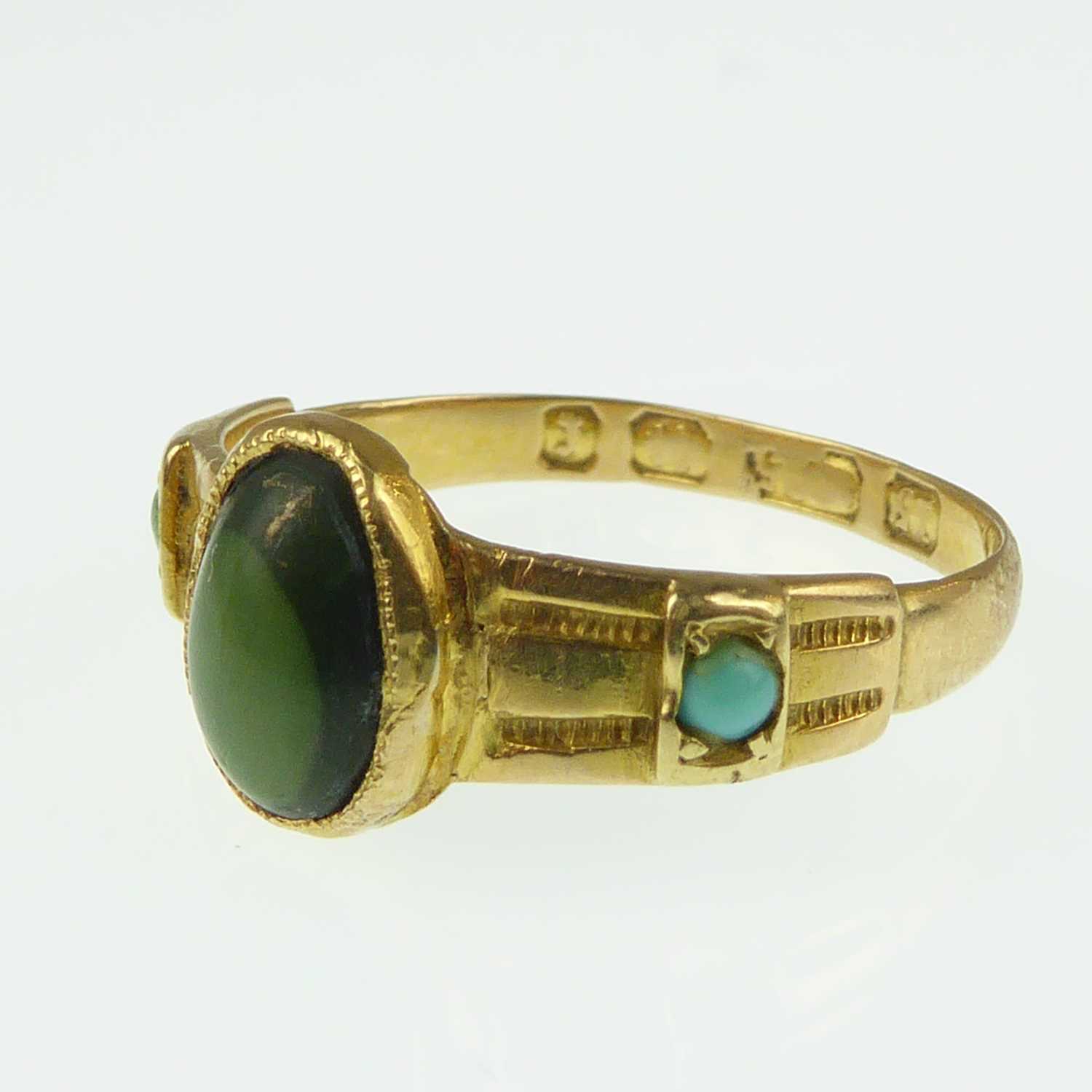A late 19th/early 20th century 15ct gold turquoise and bezel set green stone ring, size K, approx. - Image 2 of 5