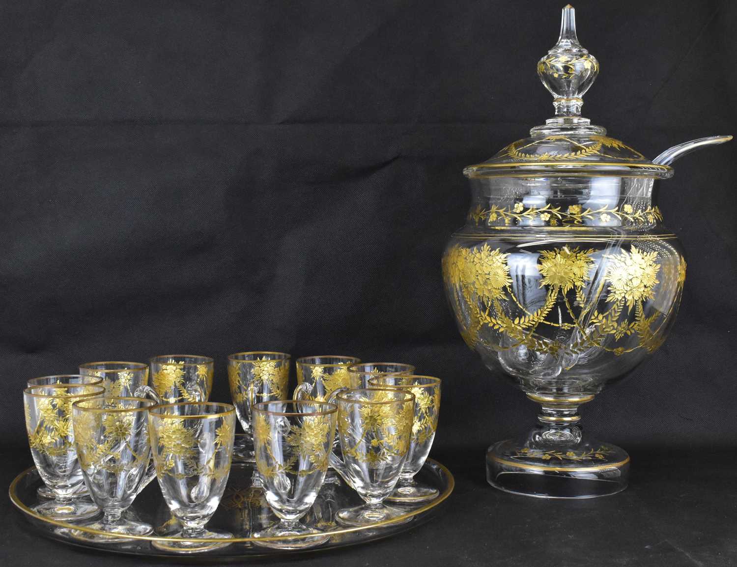 A late 19th/early 20th century lidded punch bowl, height 46cm, ladle, tray, diameter 38cm, and - Image 2 of 8