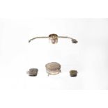 Silver items comprising a lidded jewellery box, two vesta cases, a watch chain with fob, and an