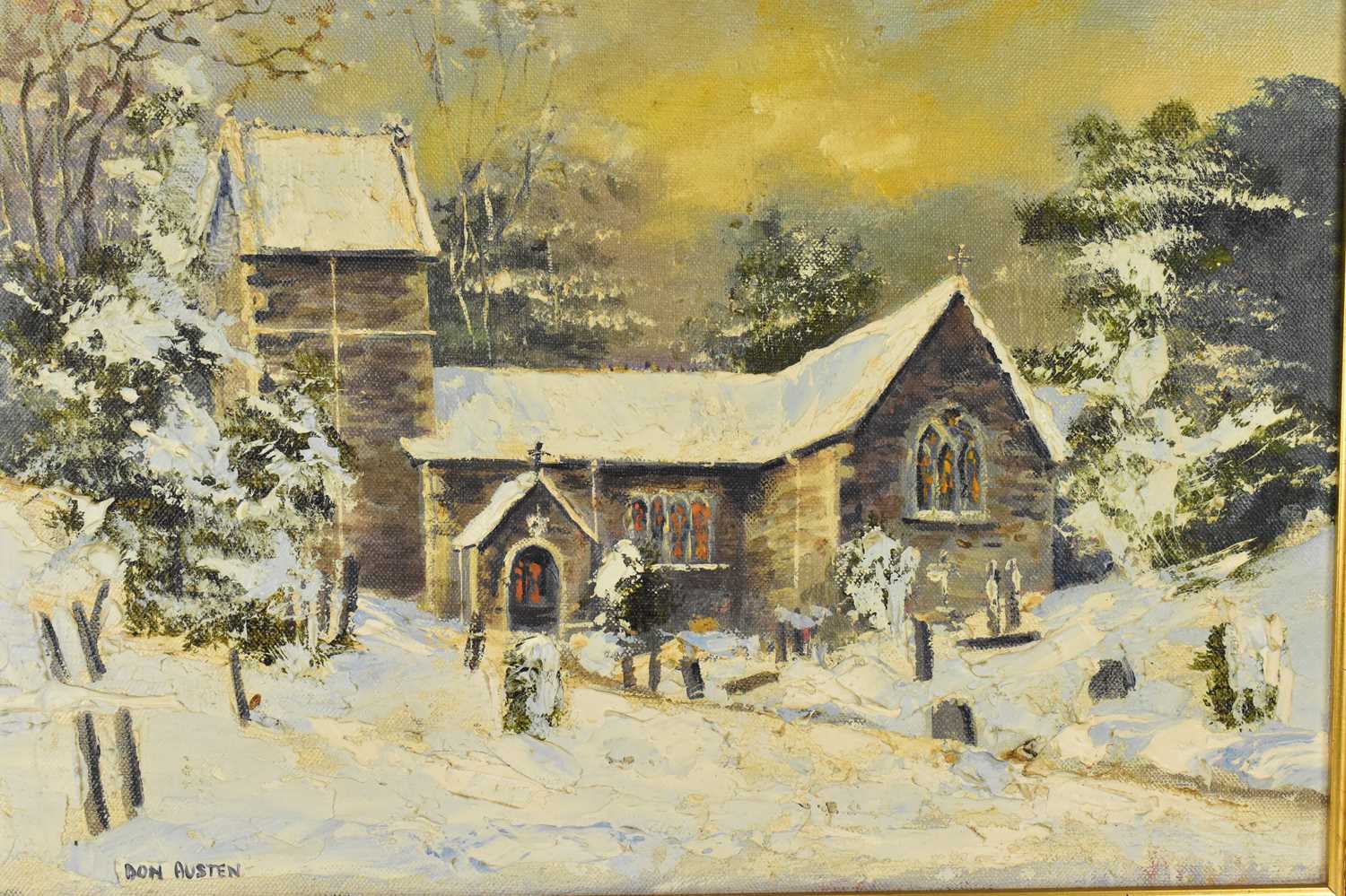 DON AUSTEN (British, 20th century); oil on canvas, village chapel in the snow, signed lower left, 29 - Image 2 of 3