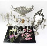 A collectors' lot to include a pair of white metal candelabra, a large twin-handled elliptical