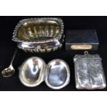 Five small silver items comprising a salt pot and small silver spoon, a small vesta case with floral