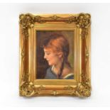 R. W.; oil on canvas mounted on board, head and shoulders portrait of a girl, initialled, 30.5 x