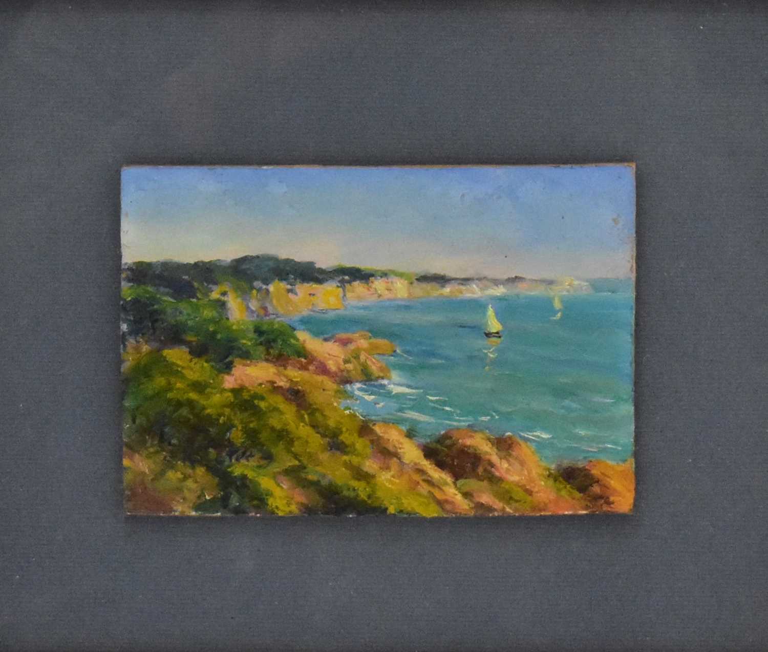 INDISTINCTLY SIGNED (British, 20th century); oil on board, sailboats off coastline, signed lower - Image 2 of 4