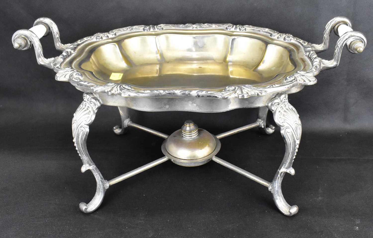 A late 19th/early 20th century silver plated chafing dish with two recessed dishes, with ornate - Image 2 of 2