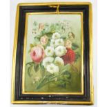A Victorian hand painted ceramic plaque depicting spray of flowers, unsigned and unmarked, 35 x