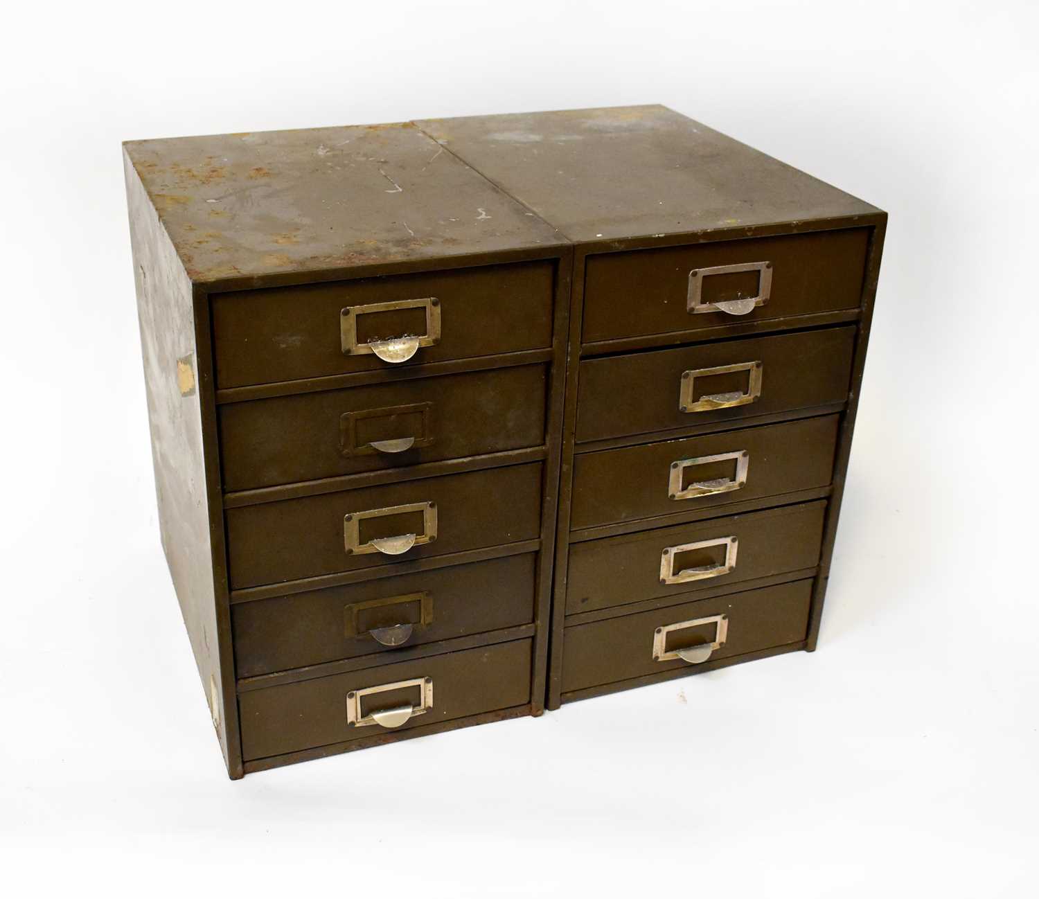 A pair of mid-20th century metal five-drawer filing cabinets of small proportions, 37.5 x 24 x
