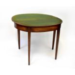 A George III mahogany demi-lune fold-over card table with green baize top, 75 x 91 x 45cm (when