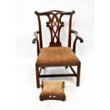 A George III mahogany vase splat carver dining chair together with a 19th century mahogany footstool