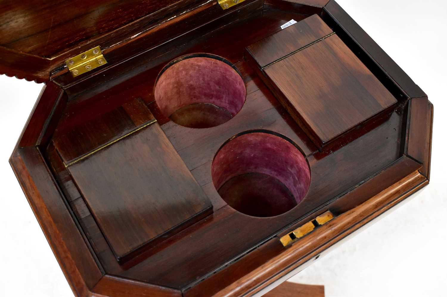 A Victorian rosewood teapoy, the rectangular top with canted corners and gadrooned rim, with - Image 2 of 4