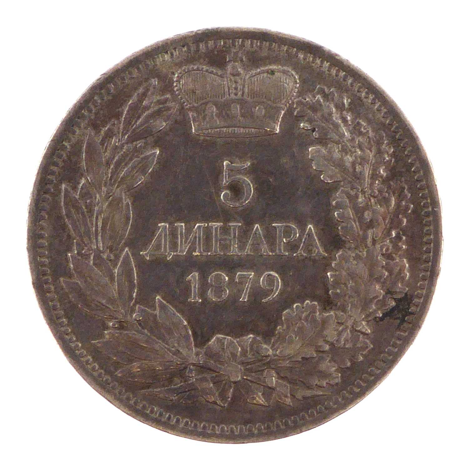 Serbia, Milan, five silver denara coin 1879.Condition Report: Has patina, surface scratches, some