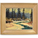 20TH CENTURY CANADIAN?; oil on board, a wintry river scene with pine trees on the shores,