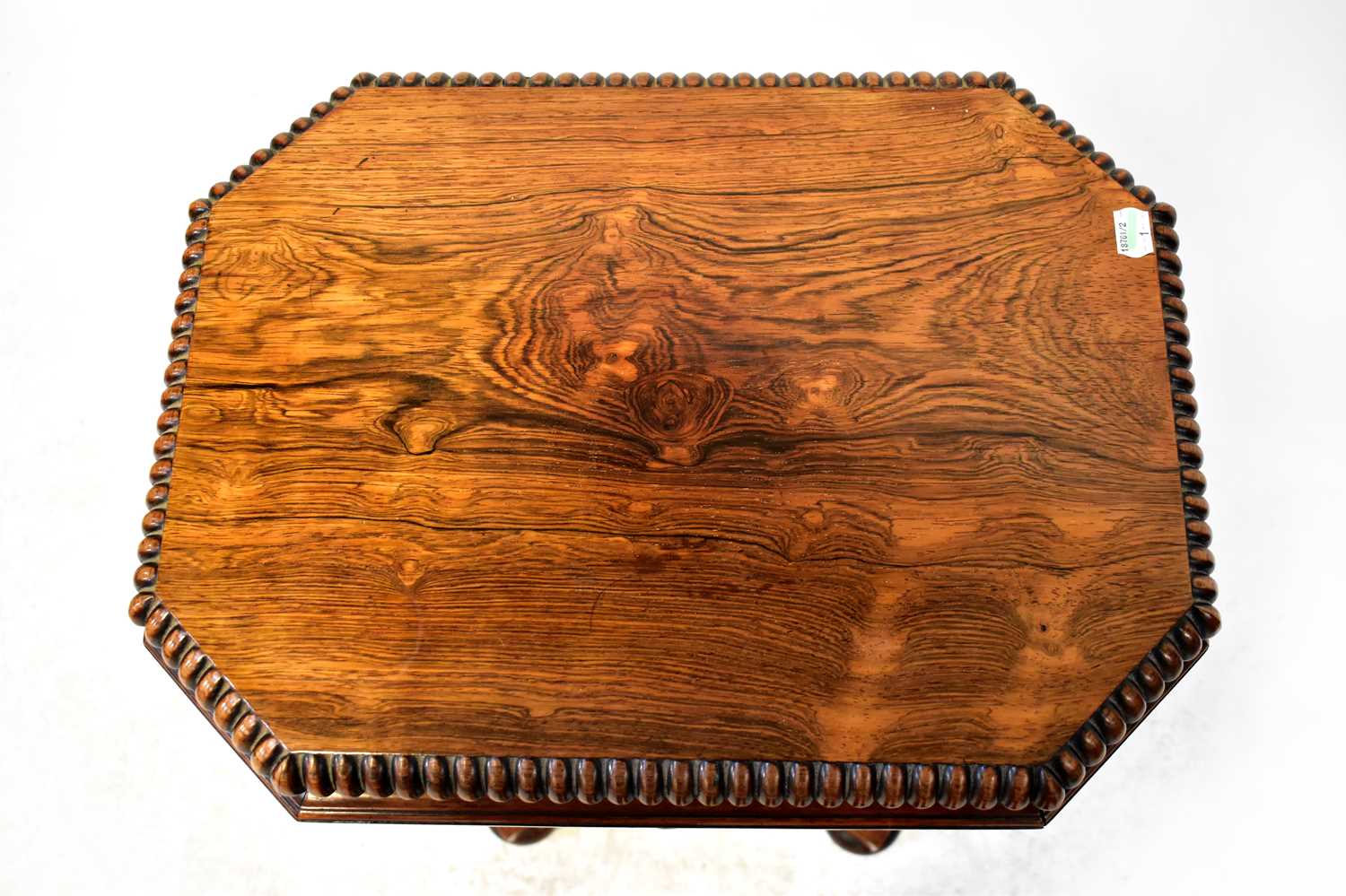 A Victorian rosewood teapoy, the rectangular top with canted corners and gadrooned rim, with - Image 4 of 4