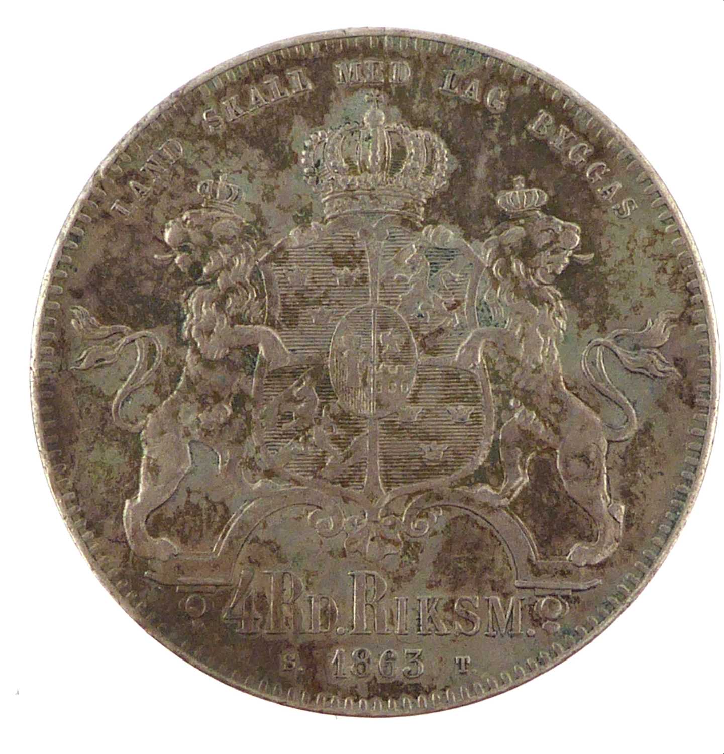 SWEDEN; a Carl XV, four riksdaler riksmynt 1863 silver coin.Condition Report: Slightly pitted,