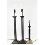 A pair of metal tall Corinthian column table lamps with square base and square shades, height