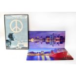 A John Lennon poster inscribed 'People for Peace', depicting the singer at a piano, 90 x 60cm,