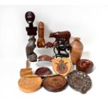 Various treen items to include an ebony carved figure of a monkey with baby on back, an oval small