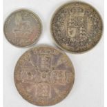 Three 19th century coins comprising a George IV 1826 silver shilling (EF), a Victorian 1887 shield