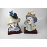LLADRÓ; two busts of clowns, raised on wooden plinths, height of largest 31.5cm (2).