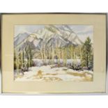 NANCY WRIGHT (20th century); watercolour, snowy mountain scene with bare trees and pines in the