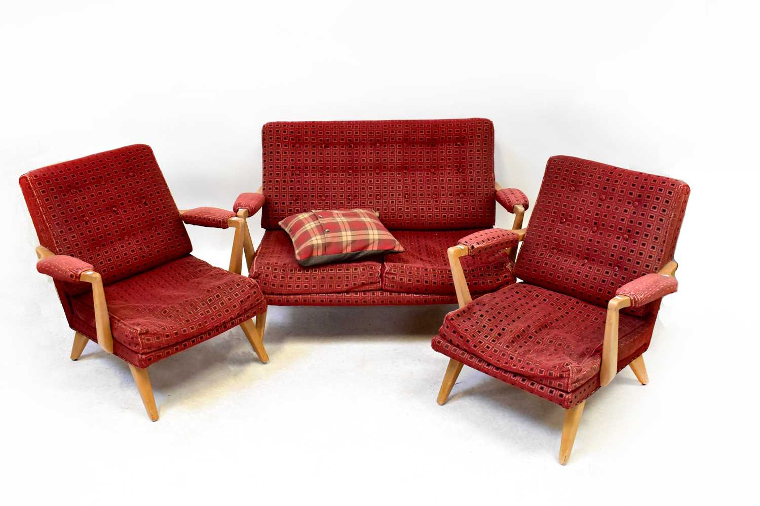 G-PLAN; a mid-20th century three-piece suite comprising a two-seat sofa and two matching