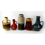 Five mid-20th century West German vases, comprising a twin-handled mustard ground vase with