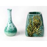 LANCASTER POTTERY; a slender baluster vase with long neck, turquoise drip glaze and spot vase,