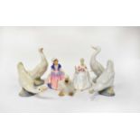 ROYAL DOULTON; two miniature figures HN3310 'Diana' and HN1678 'Dinky Do', also five Nao ducks (7).