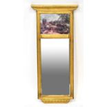 A gilt wood pier mirror, the top panel decorated with a printed Constable scene, 85 x 40cm.