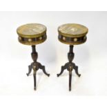 A pair of reproduction mahogany and gilt brass marble-topped side tables decorated with Limoges-